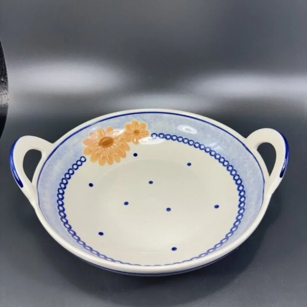 Vintage‎ German Pottery Tray Dish Bowl With Handles Hand Made With Flower Design